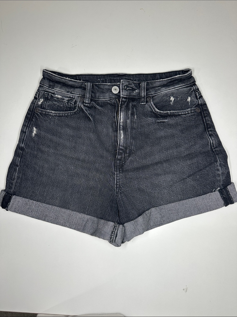 American Eagle High-Rise Black Denim Rolled-Hem Shorts